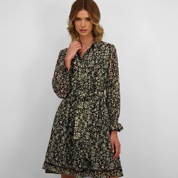 VESTIDO DE CHIFFON COM CINTO E PADRÃO FLORAL DITSY