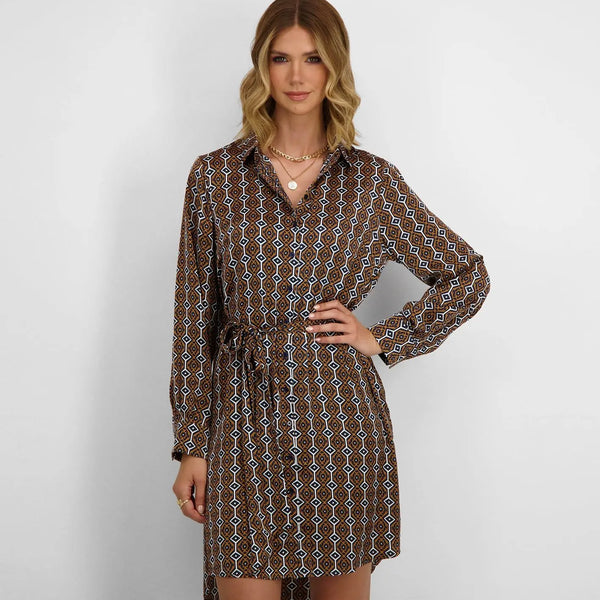 VESTIDO CAMISA MIDI COM PADRÃO GEOMÉTRICO
