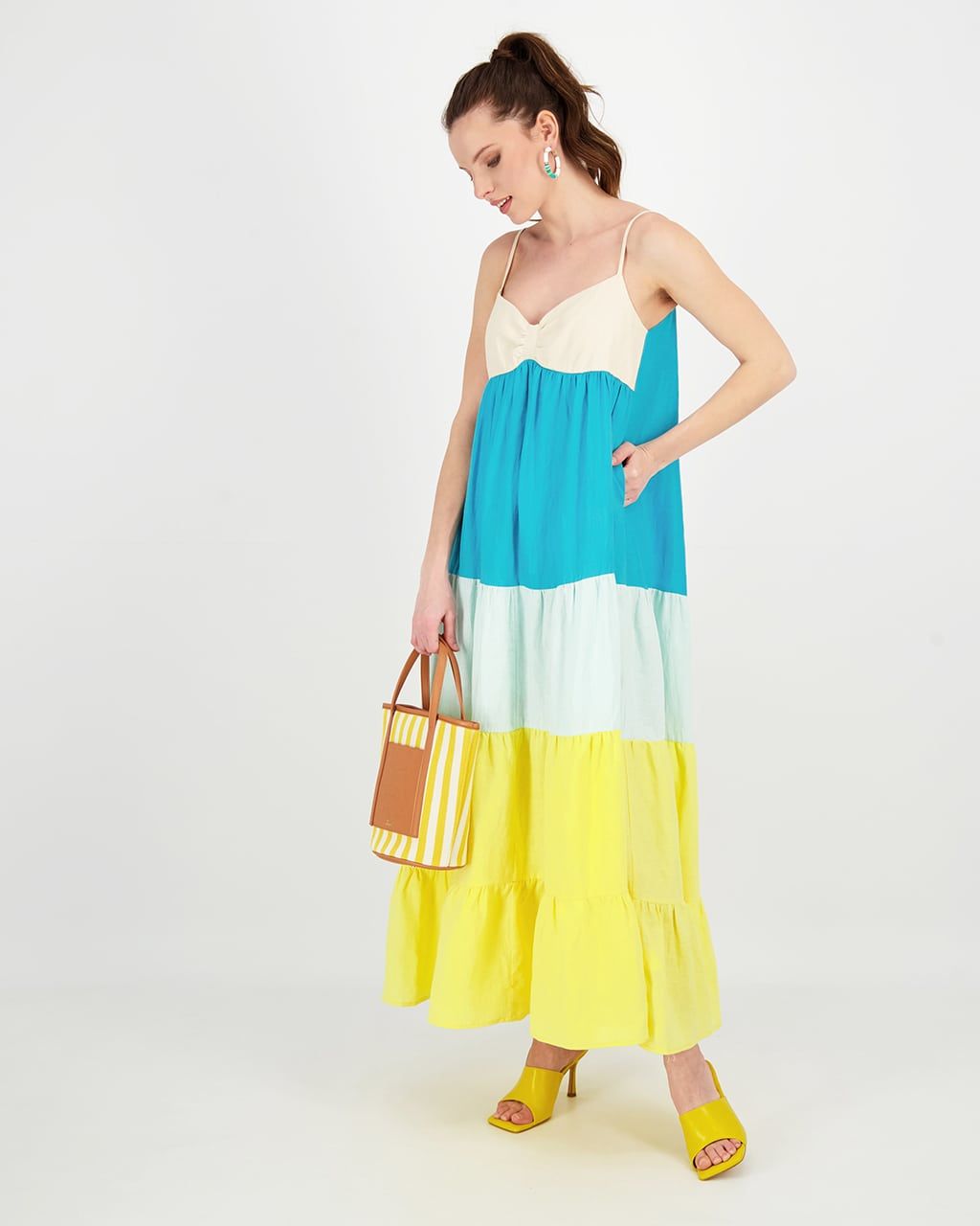 MAXI LINEN COLOUR BLOCK CAMI DRESS