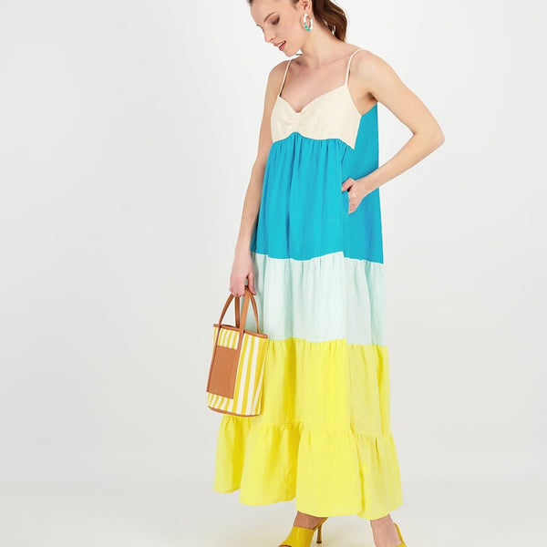 MAXI LINEN COLOUR BLOCK CAMI DRESS
