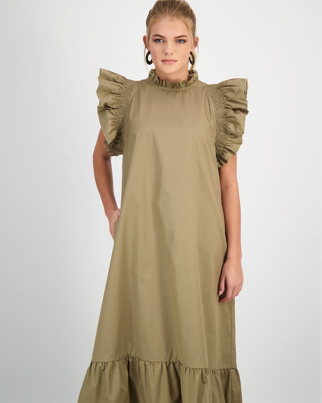 RUFFLE SHOULDERS POPLIN DRESS