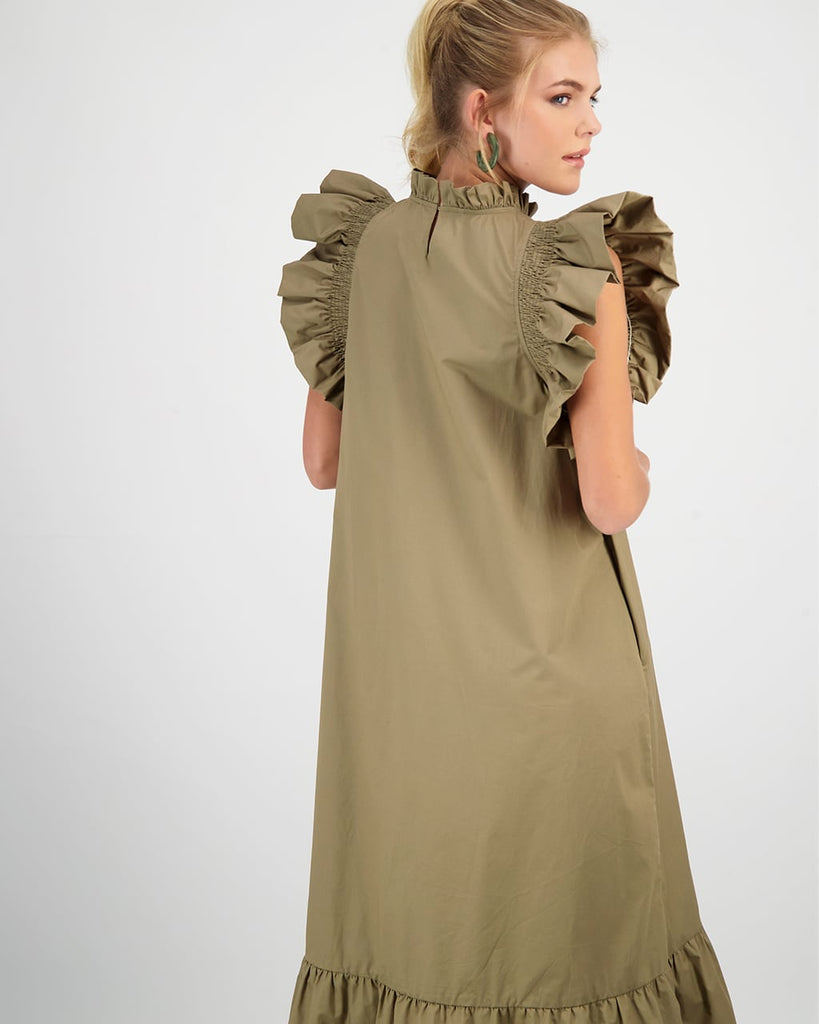 RUFFLE SHOULDERS POPLIN DRESS