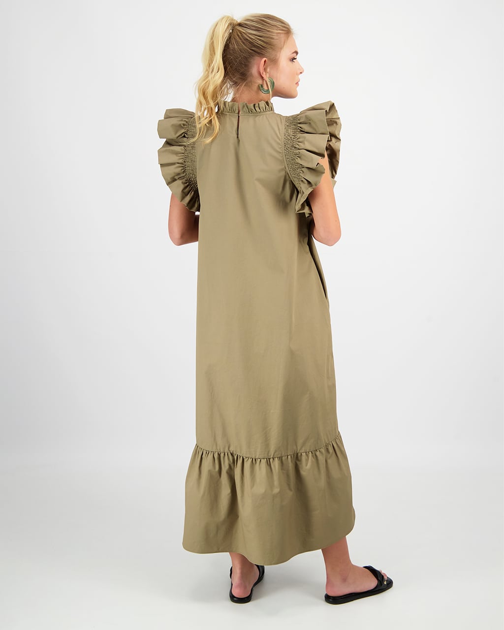 RUFFLE SHOULDERS POPLIN DRESS