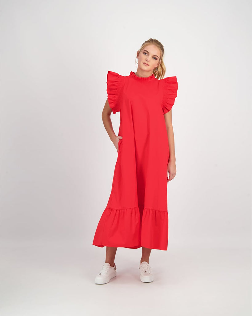 RUFFLE SHOULDERS POPLIN DRESS