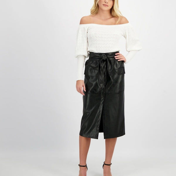 PENCIL LEATHERETTE BELTED SKIRT